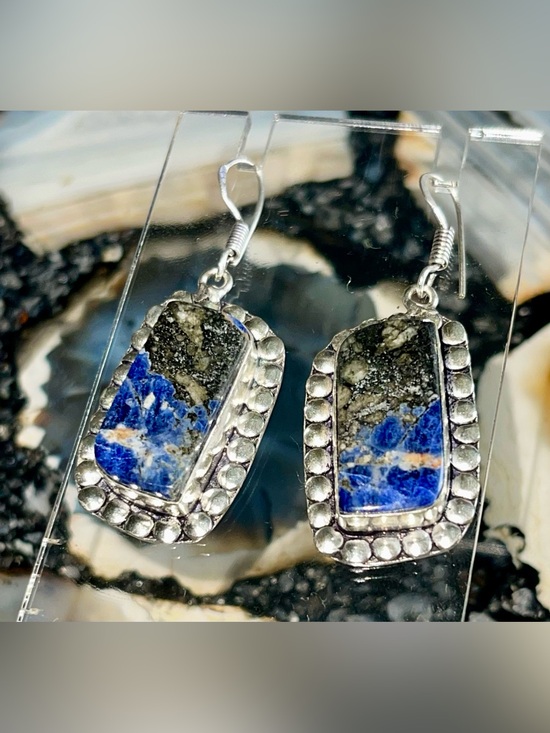 handmade & handcrafted gemstone jewelry Jewelry - Navy Sodalite with Pyrite Earrings 2”